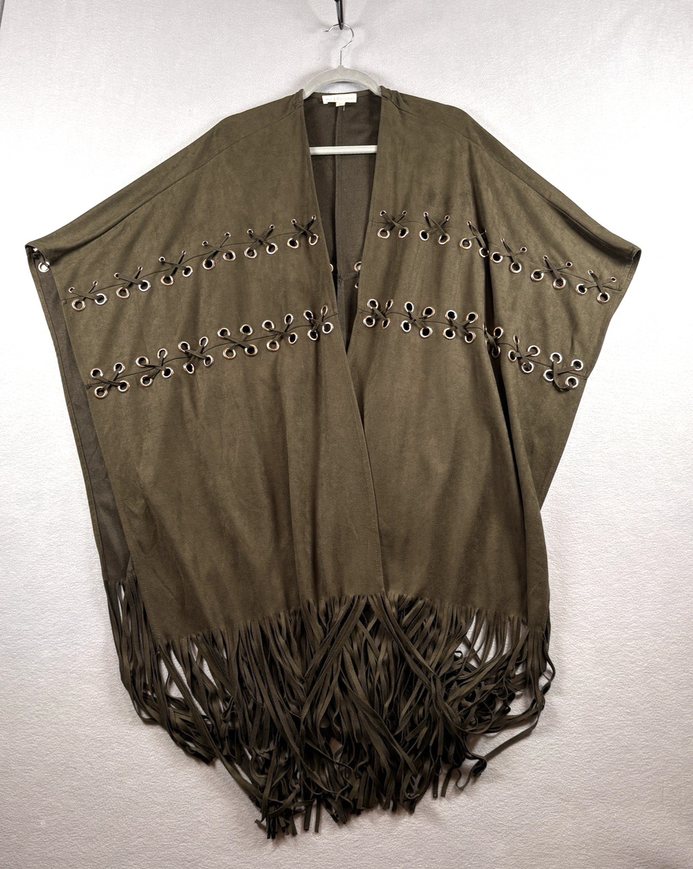Hot & Delicious Women's M Olive Faux Suede Fringe Grommet Poncho Coverup